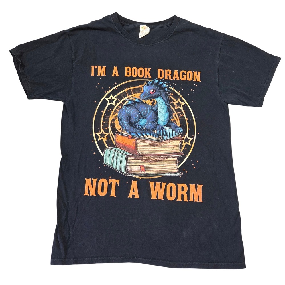 Fruit of the Loom Mens Book Dragon Not A Worm Graphic T-Shirt Black Medium